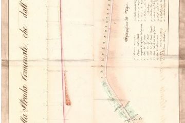Profilo di livellazione della strada comunale tra Agnellengo e Barengo. Vengono anche segnalati alcuni edifici come l'Archivio Comunale e annotati i nomi dei proprietari dei terreni. La maggior parte delle proprietà appartiene al signor Bono.<br>(Fonte: archivio storico comunale)