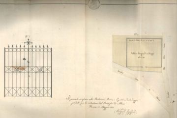 Mappa del cimitero di Momo con particolari (1832). Sul cancello è possibile notare due teschi in seguito non realizzati.<br>(Fonte: archivio storico comunale)
