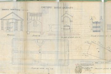 Progetto del cimitero nuovo di Alzate con disegni del cancello e della camera mortuaria.<br>(Fonte: archivio storico comunale)