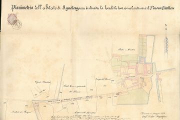 Mappa dell'abitato di Agnellengo e dei territori intorno con indicato il luogo dove sarebbe sorto il nuovo cimitero. Agli inizi dell '800, a causa di un'epidemia, il vecchio cimitero fu completamente riempito e fu addirittura necessario seppellire alcuni morti nella piazza davanti alla Chiesa, dove originariamente era situato il cimitero.<br>(Fonte: archivio storico comunale)